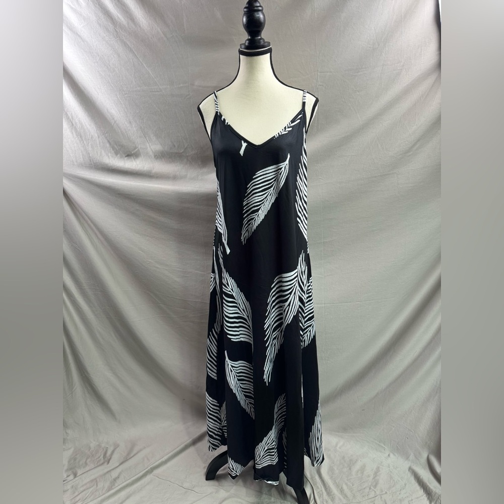 Boho Leaf Print Sleeveless Maxi Dress Black - Picture 8 of 9